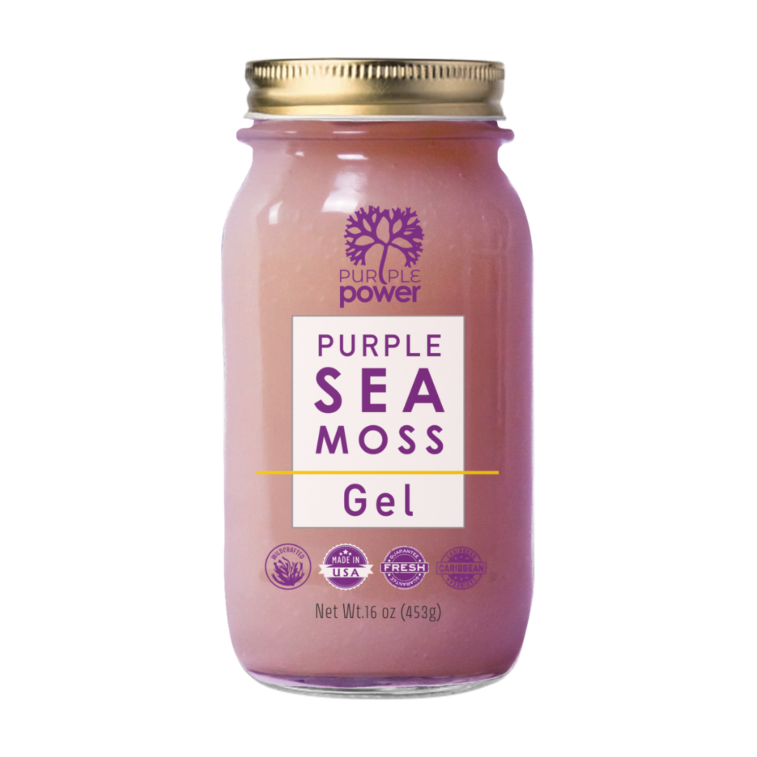 Jar of Purple Sea Moss Gel with a gold lid on a white background