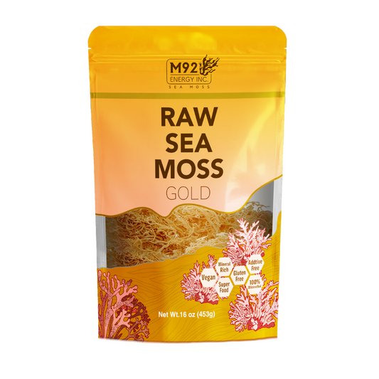 Package of M92 Energy Inc Raw Sea Moss Gold on a white background