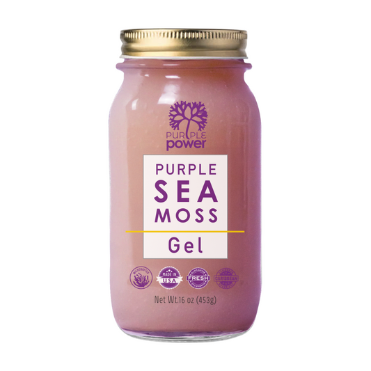 Jar of Purple Sea Moss Gel with a gold lid on a white background